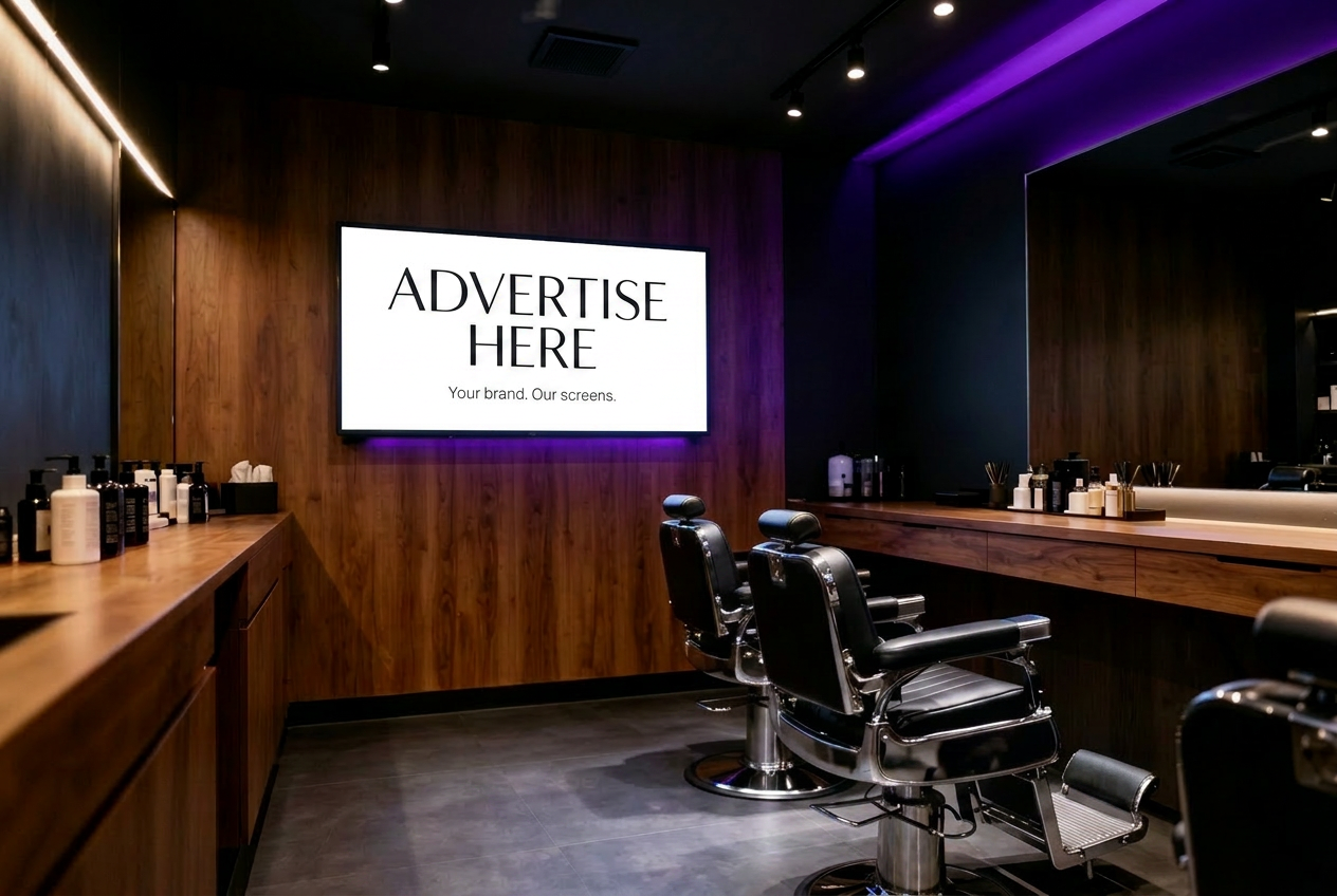 Zivium screen mounted in a modern barbershop